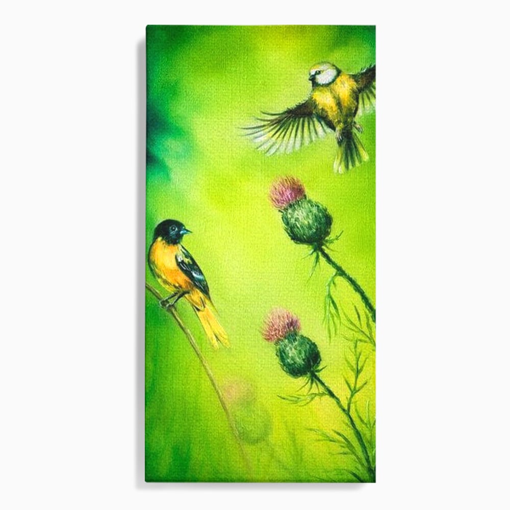 Tablou canvas cu tablou canvas cu pasari si ciulini, fara rama, pe sasiu de lemn